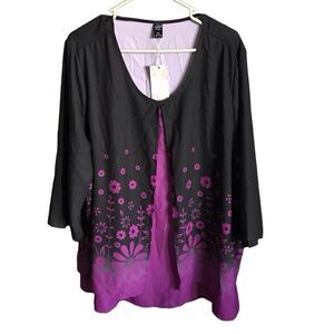 Emily Daniels SZ 5XL black purple floral blouse tunic top NWT new 3/4 sleeve